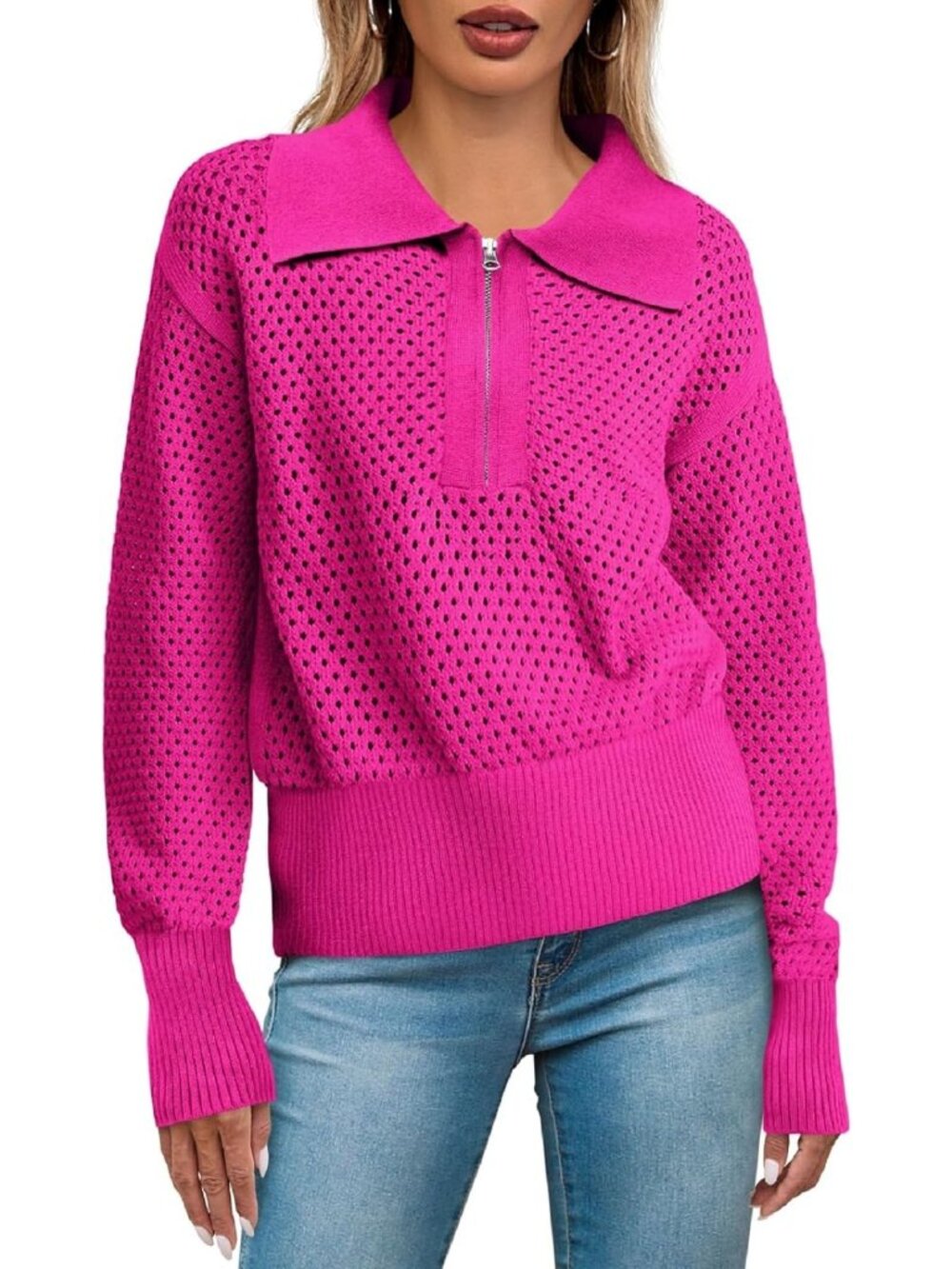 Chic Women's Summer Crochet Sweater - Long Sleeve, Hollow Out, Half Zip Pullover